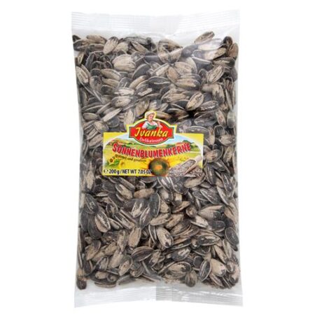 Ivanka zonnebloempitten geroosterd en gezouten 200g verpakking met zonnebloempitten in schil