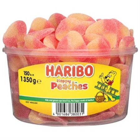 Haribo Happy Peaches 1,350kg - Perziksnoepjes In Hersluitbare Pot - 150 Stuks - Bulk Snoep