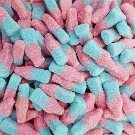 Frisia bubblegum flesjes zuur 1,5kg snoep bulkverpakking met roze en blauwe zure snoepjes