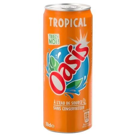 Oasis Tropical 33cl blik fruitdrank zonder prik met tropische fruitsmaak