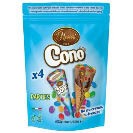 Messori Cono Parties 4x25g krokante wafelhoorntjes met karamelcrème en kleurrijke mini lentils