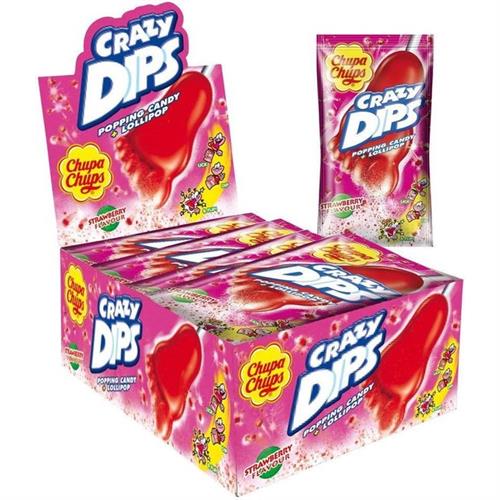 Chupa Chups Crazy Dips Aardbei Smaak 24 x 14g – Lolly Met Knetterpoeder Aardbeismaak – 24 Stuks