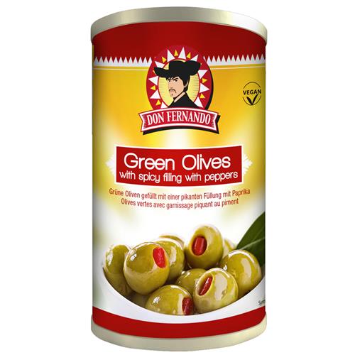 Don Fernando Groene Olijven Met Vulling Van Pikante Paprika - Blik - 350g - Vegan