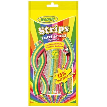 Woogie Tuti Frutti Strips 80g – Zuren Matten Met Tutti Frutti smaak – 15% Vruchtensap