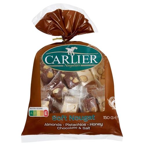 Carlier Soft Nougat 150g met amandelen pistache honing chocolade en zout in bruine verpakking