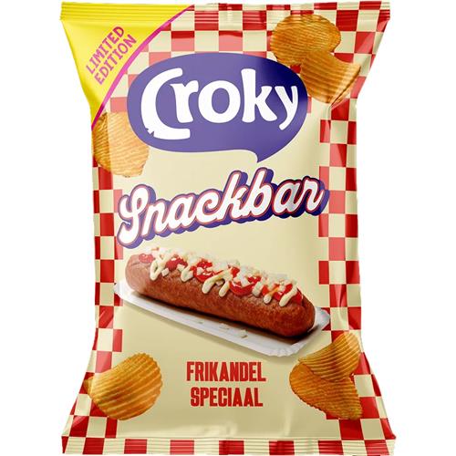 Croky Snackbar Frikandel Speciaal 130g Limited Edition ribbelchips met frikandelsmaak
