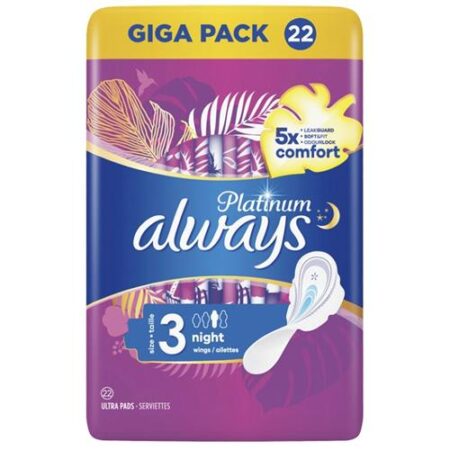 Always Maandverband Platinum 22 Stuks – Maat 3 Night – Met Vleugels