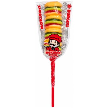Mokibon Hamburger Snoepjes Lolly 31g met kleurrijke mini hamburgers op een rood stokje