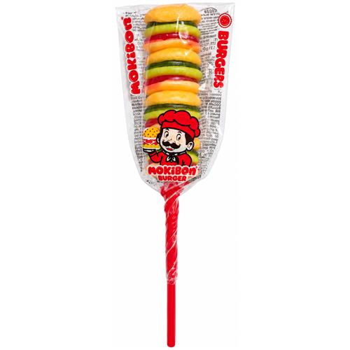 Mokibon Hamburger Snoepjes Lolly 31g met kleurrijke mini hamburgers op een rood stokje