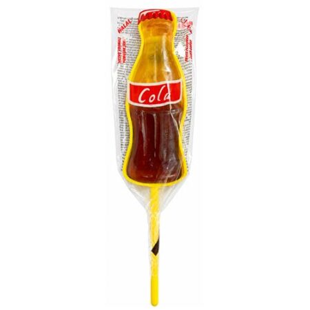 Mokibon Cola Lolly 22g in de vorm van een bruin colaflesje op een geel lollystokje