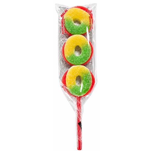 Mokibon Fruitringetjes Lolly 20g met drie geel-groene gesuikerde snoepringen op een rood stokje