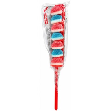 Mokibon Snoepjes Lolly Roze en Blauw 20g met zeven gesuikerde snoepjes op een rood stokje