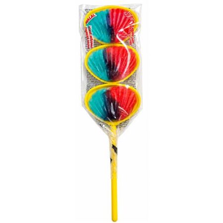 Mokibon Schelpsnoepjes Lolly 19g met drie kleurrijke snoepschelpen op een geel stokje