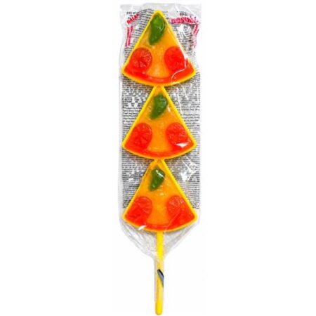 Mokibon Pizza Lolly 25g met drie kleurrijke snoeppizza's op een geel stokje