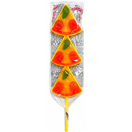 Mokibon Pizza Lolly 25g met drie kleurrijke snoeppizza's op een geel stokje