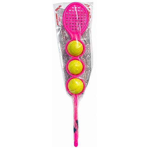 Mokibon Tennisballetjes Snoep 12g met drie gele snoepballen en roze speelgoedtennisracket