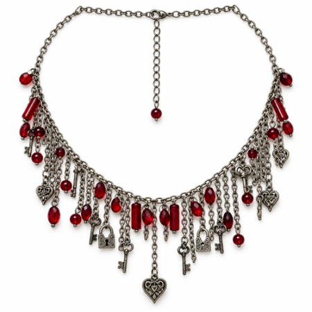 Halsketting Met Hartjes & Sleutelbedels - Rood - L20cm