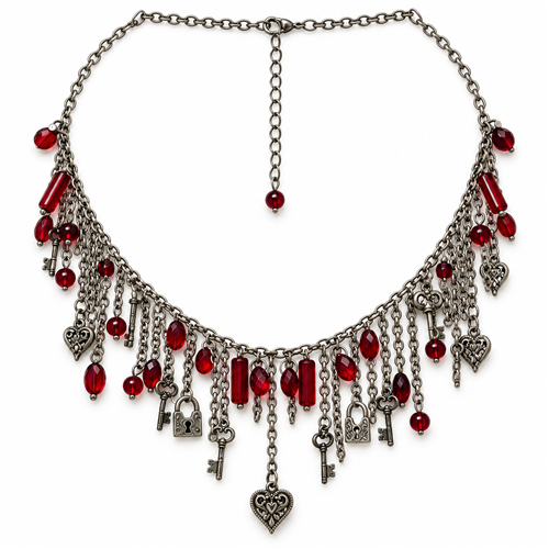 Halsketting Met Hartjes & Sleutelbedels - Rood - L20cm