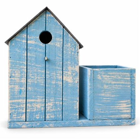 Decoratief Houten Vogelhuisje Met bloempot - Blauw