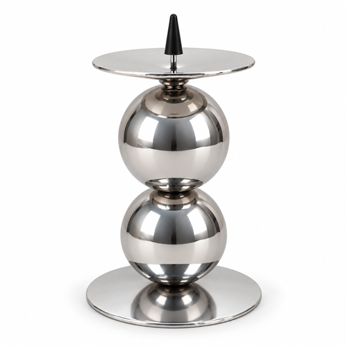 Zilverkleurige Kaarsenhouder met Twee Bollen - H14cm